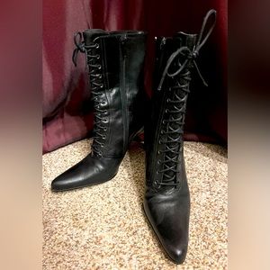 Also Lace Up Black Leather High Heel Boots